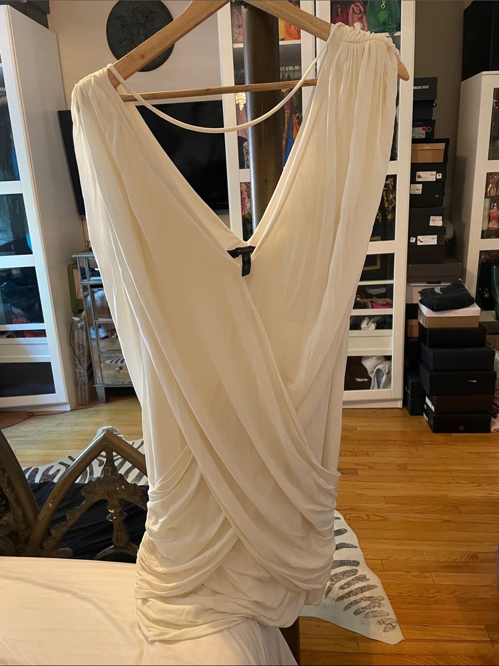 BCBGMaxAzria Cream Draped V-Neck Sleeveless Dress